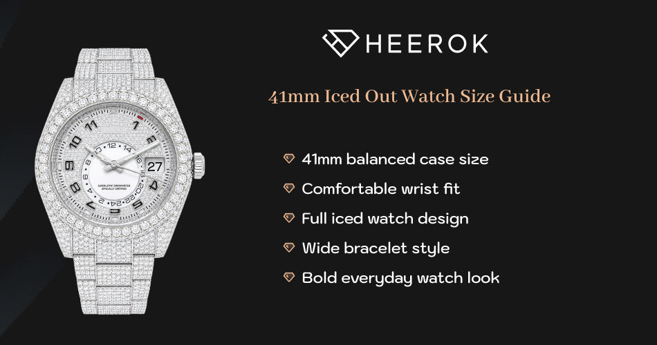 41mm Iced Out Watch Size Guide featuring a fully iced moissanite watch with balanced case size, wide bracelet, and comfortable wrist fit.