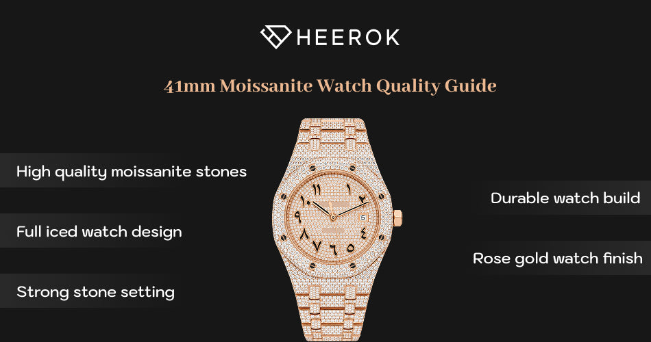 41mm Moissanite Watch Quality Guide featuring a fully iced rose gold watch with high quality moissanite stones and durable build.