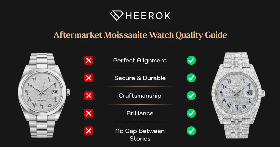 Aftermarket moissanite watch quality guide inner banner with comparison image