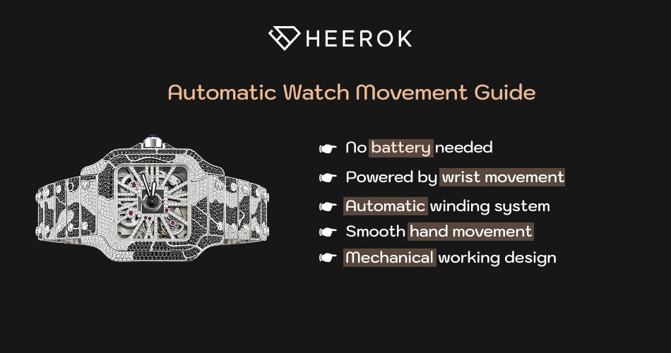 Automatic Watch Movement Guide featuring a fully iced skeleton watch with self-winding mechanical movement and no battery required.
