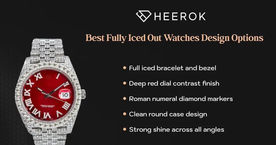 Iced out watches design ideas full diamond watch with red dial and Roman markers