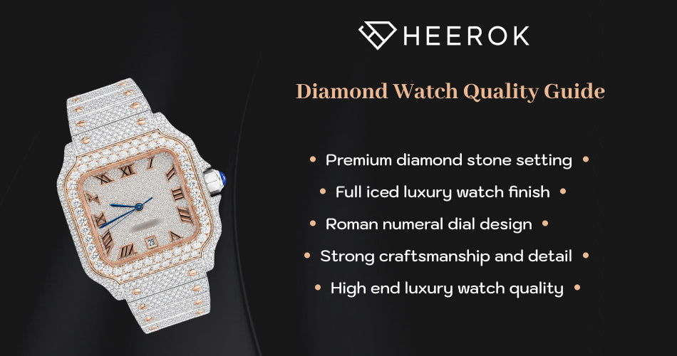 Diamond watch quality guide inner banner with fully iced luxury diamond watch