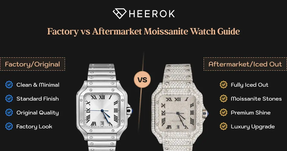 Factory vs aftermarket moissanite watch guide inner banner with side by side comparison