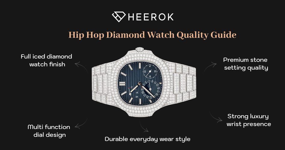 Hip hop diamond watch quality guide inner banner with fully iced luxury watch