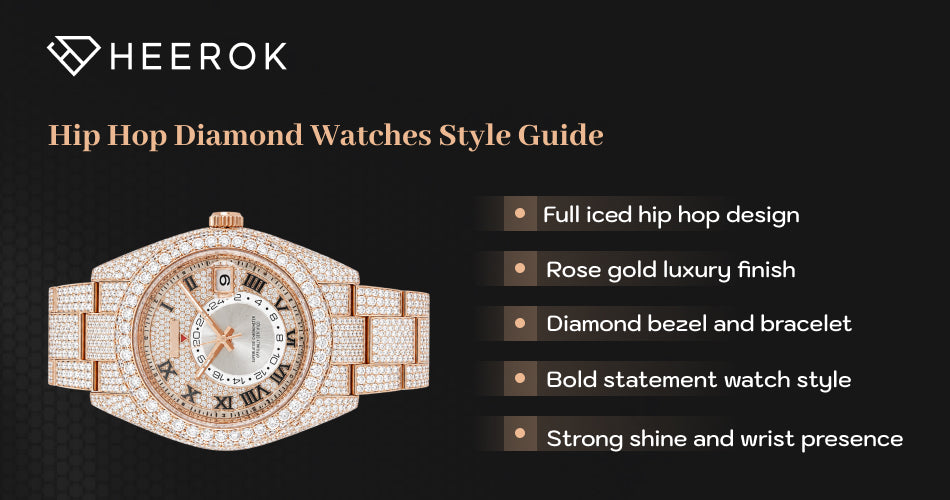 Hip hop diamond watches style guide inner banner with rose gold iced out watch