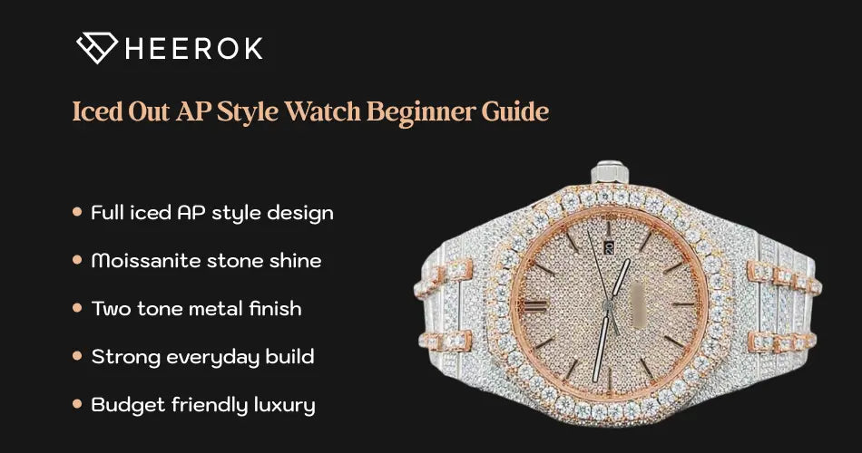 Iced out AP style watch beginner guide featuring diamond covered case moissanite shine and two tone finish