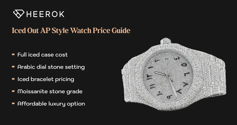 Iced out AP style watch price guide featuring diamond covered case bracelet and Arabic dial design