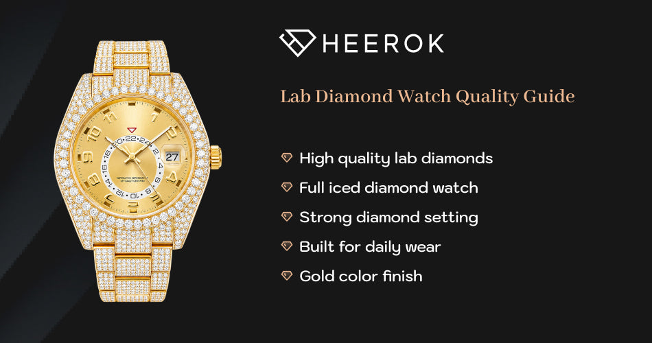 Lab Diamond Watch Quality Guide featuring a fully iced gold lab diamond watch with premium stone setting and luxury craftsmanship.