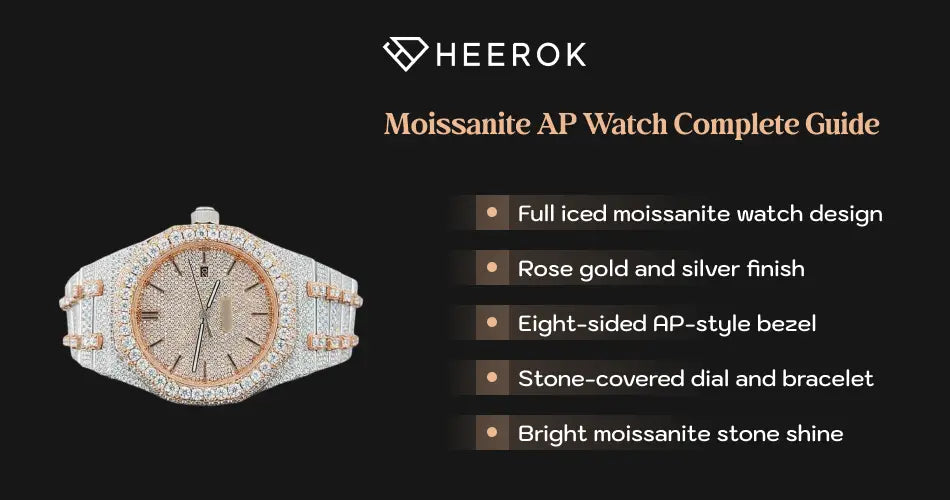 Moissanite AP Watch Complete Guide featuring a fully iced Royal Oak inspired watch with rose gold and silver finish, stone-covered dial and bracelet.