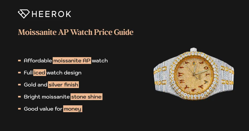 Moissanite AP Watch Price Guide featuring a fully iced Royal Oak inspired watch with gold and silver finish, bright moissanite stones, and affordable pricing.