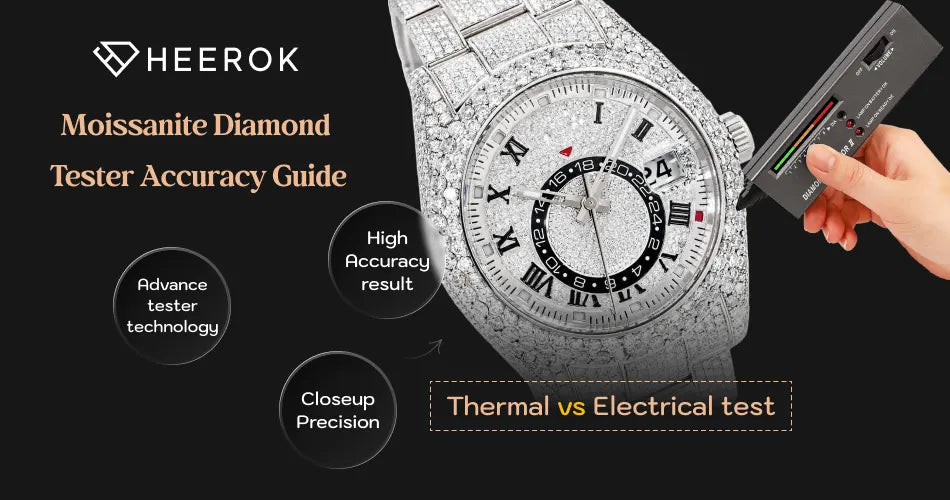 Moissanite diamond tester accuracy guide inner banner with tester and iced watch