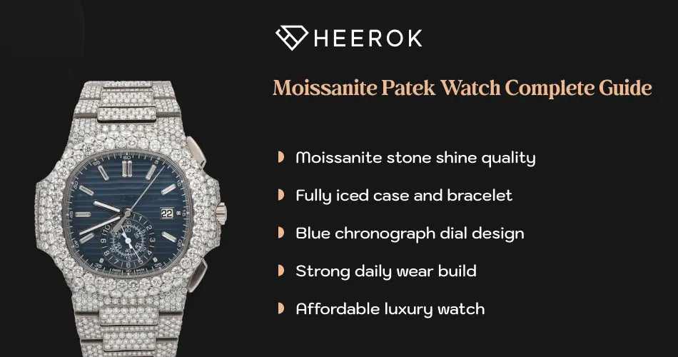 Moissanite Patek watch complete guide inner banner with fully iced case and bracelet