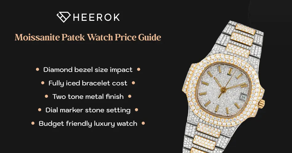 Moissanite Patek watch price guide inner banner with diamond bezel and fully iced bracelet