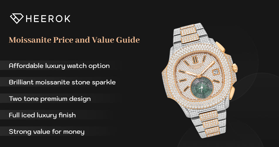 Moissanite price and value guide inner banner with two tone luxury watch