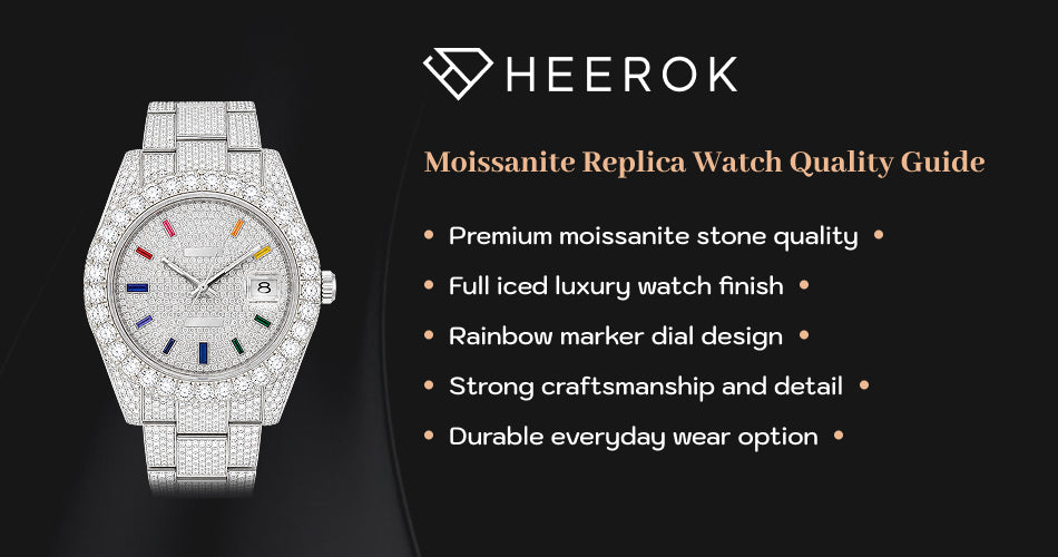 Moissanite replica watch quality guide inner banner with fully iced luxury watch