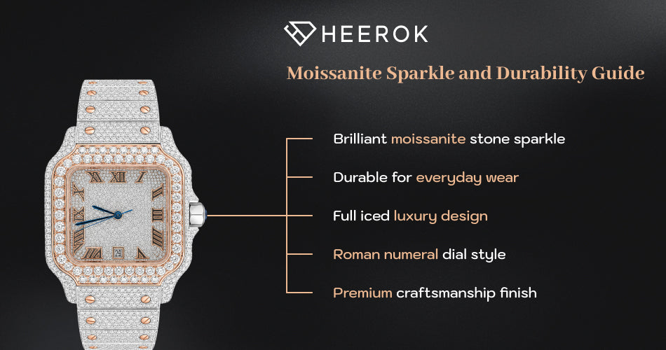 Moissanite sparkle and durability guide inner banner with fully iced luxury watch