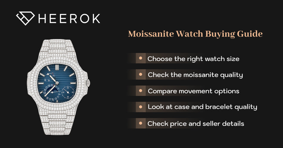 Moissanite Watch Buying Guide featuring a fully iced watch with blue dial and tips for choosing size, stone quality, movement, and price.