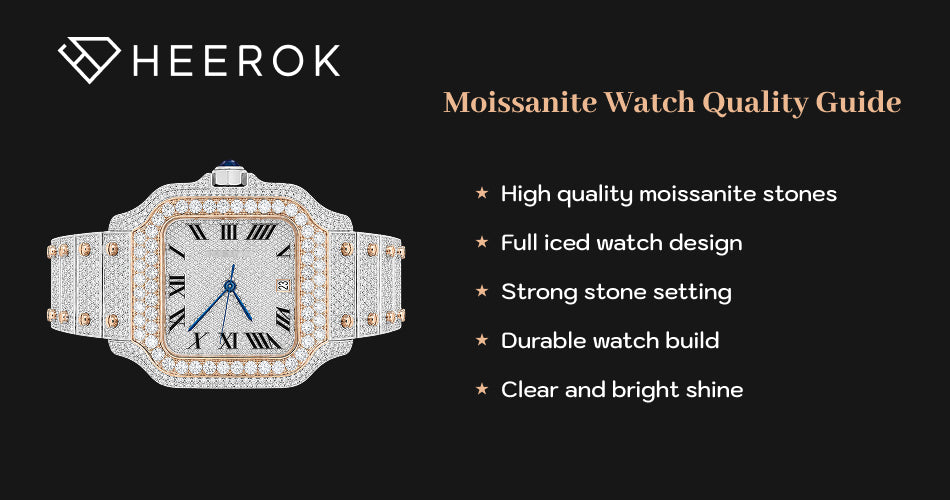 Moissanite Watch Quality Guide featuring a fully iced two-tone watch with high-quality moissanite stones, strong setting, and bright shine.