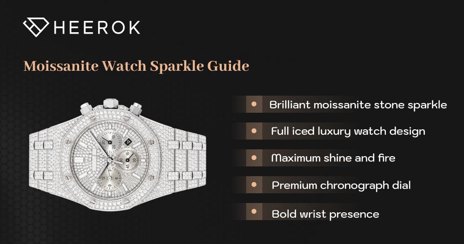 Moissanite Watch Sparkle Guide featuring a fully iced chronograph watch with brilliant moissanite stones and luxury design.