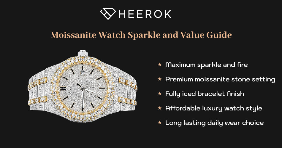 Moissanite watch sparkle and value guide inner banner with fully iced luxury watch