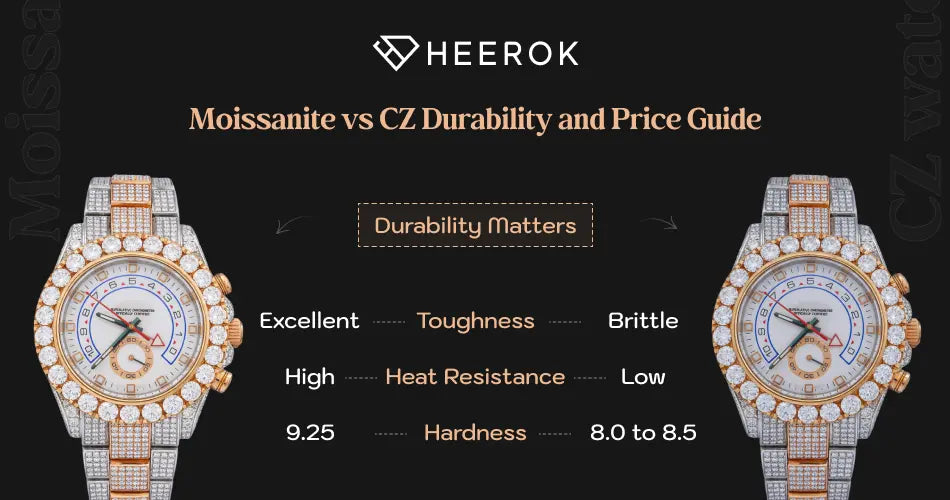 Moissanite vs CZ durability and price guide inner banner with side by side comparison