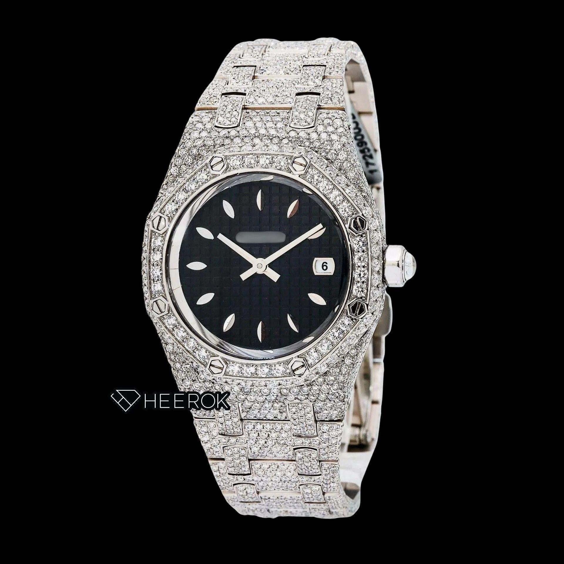 AP Royal Oak Black Dial Oval Markers Diamond Bezel Fully Iced Out Moissanite Diamond Watch For Women Front View