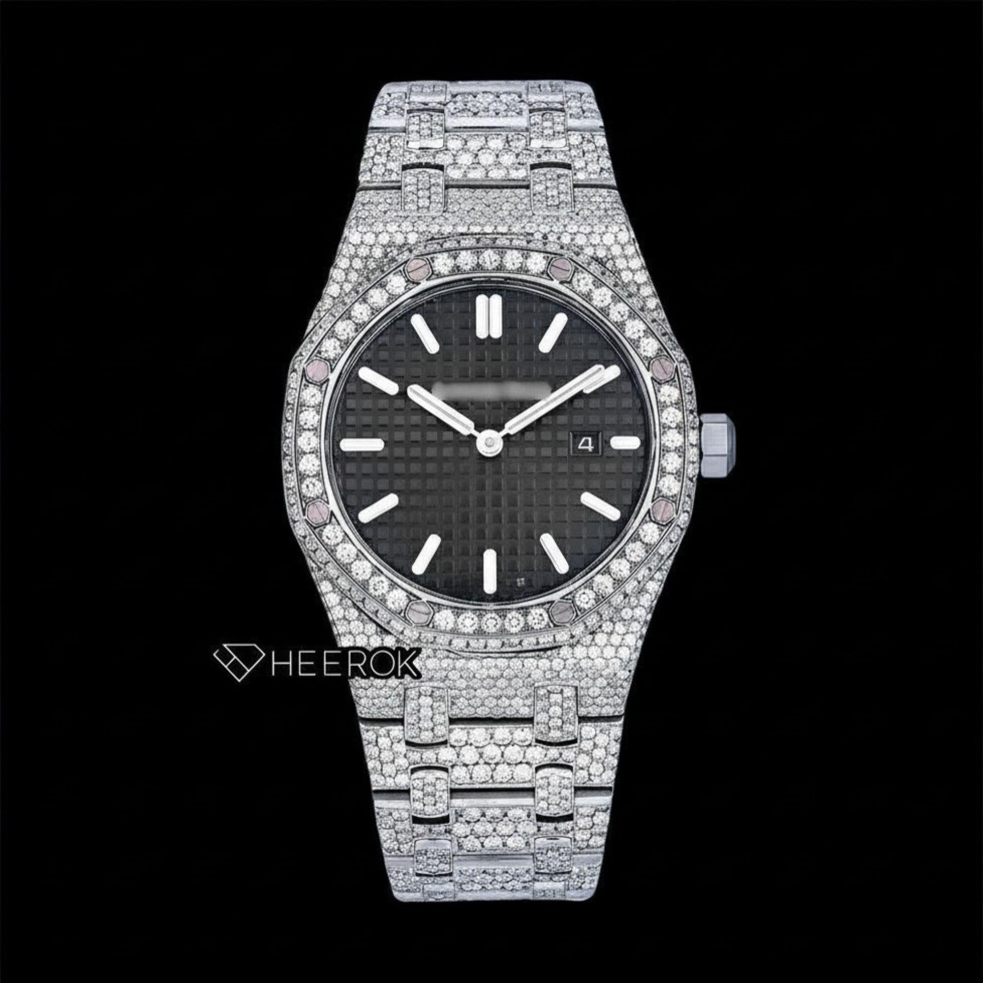 AP Royal Oak Black Dial White Stick Markers Diamond Bezel Fully Iced Moissanite Diamond Watch For Women Front View