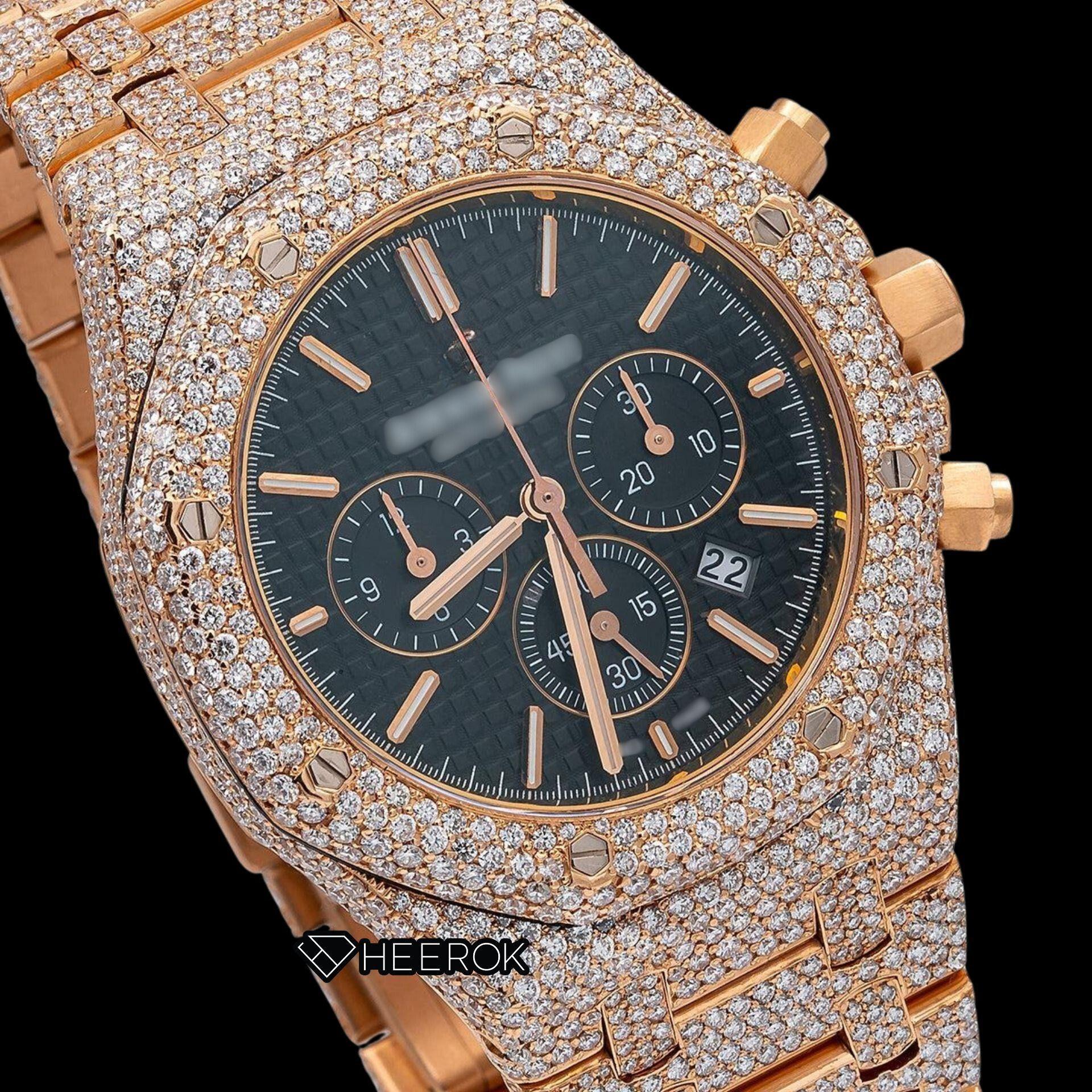 AP Royal Oak Chronograph Black Dial Stick Markers Diamond Bezel Fully Iced Out Rose Gold Moissanite Watch Close Up Dial View.