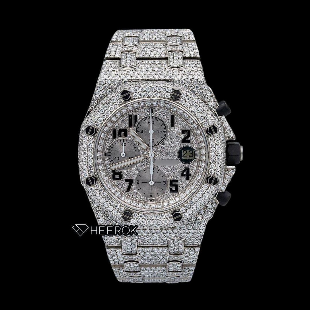 AP Royal Oak Offshore Chronograph Full Pave Diamond Dial Black Standard Numerals Diamond Bezel Fully Iced Out Moissanite Watch Front View.