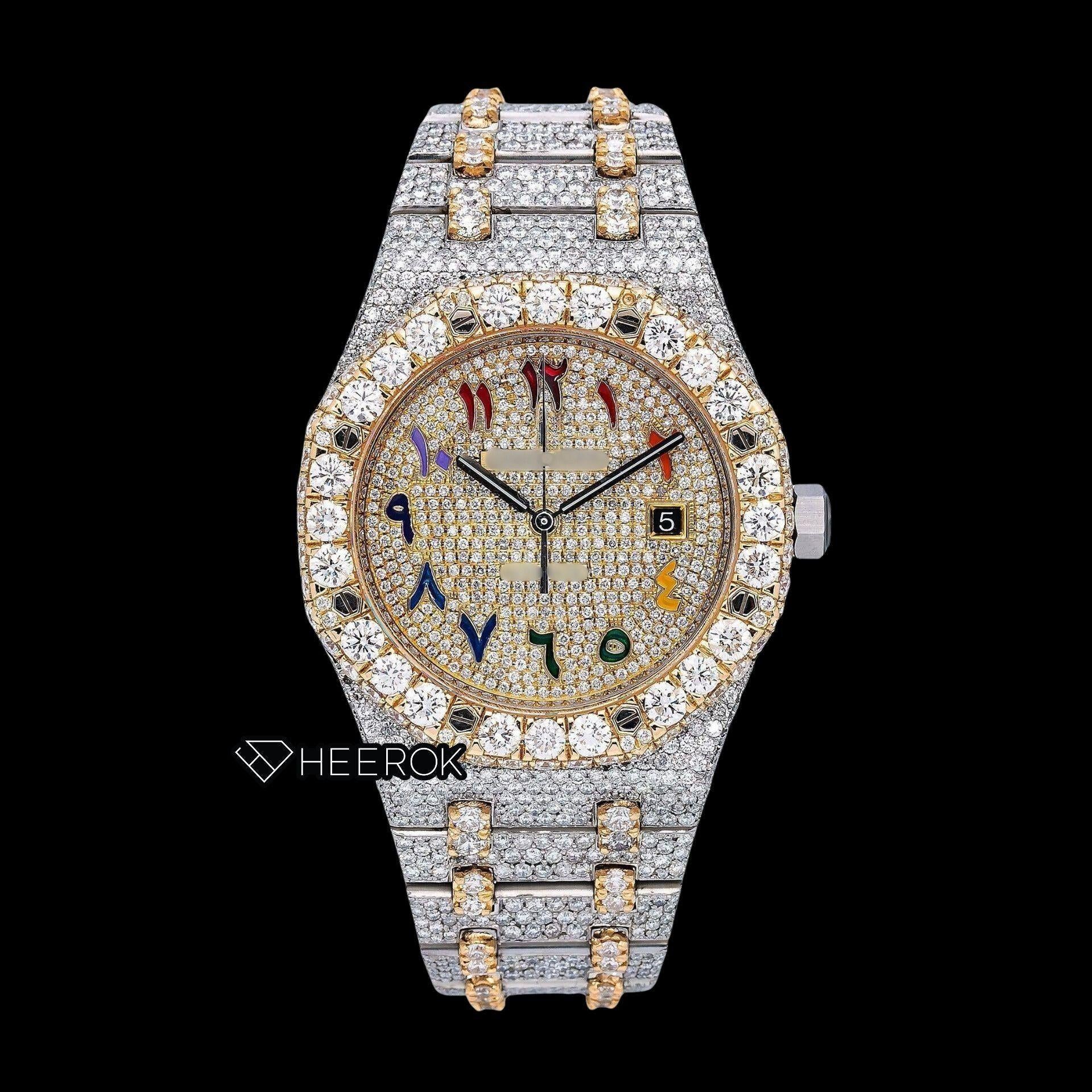 AP Royal Oak Yellow Gold Dial Multicolor Arabic Numerals Large Round Diamond Bezel Two Tone Yellow Gold Moissanite Diamond Watch Front View