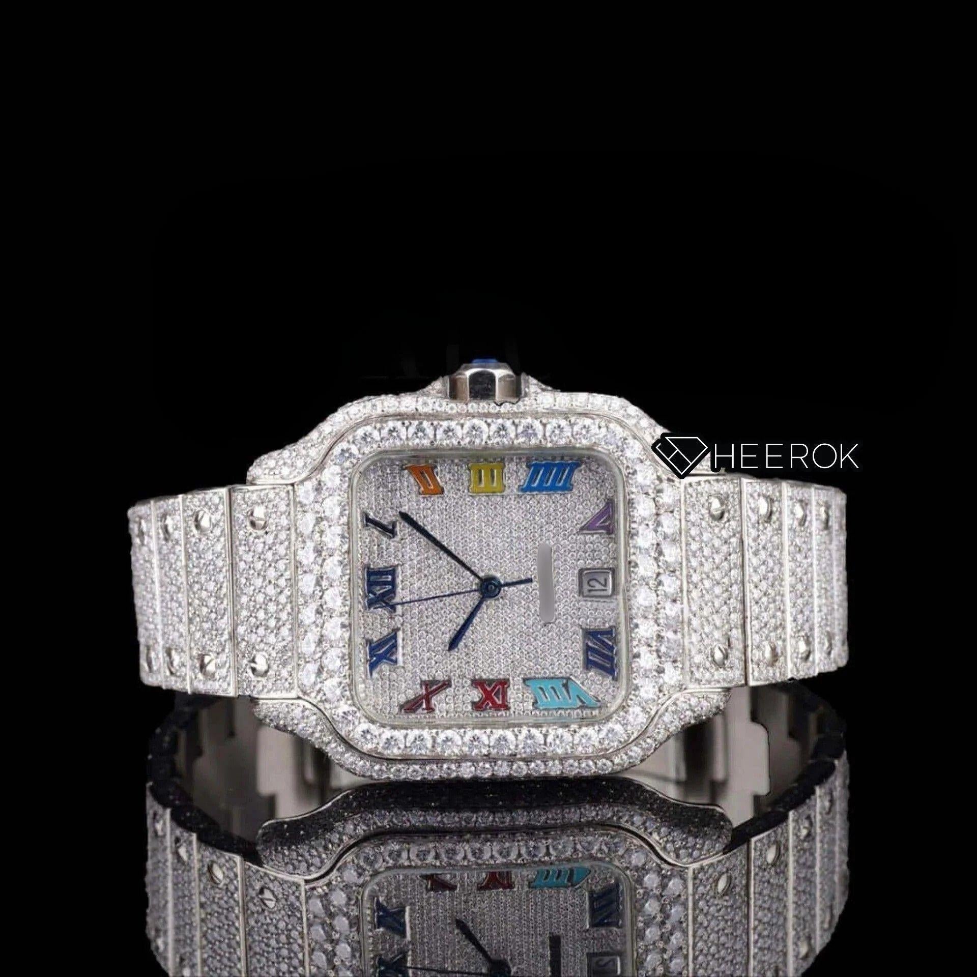 Cartier Santos Multicolor Roman Numerals Full Pave Dial Diamond Bezel Fully Iced Moissanite Diamond Front View.