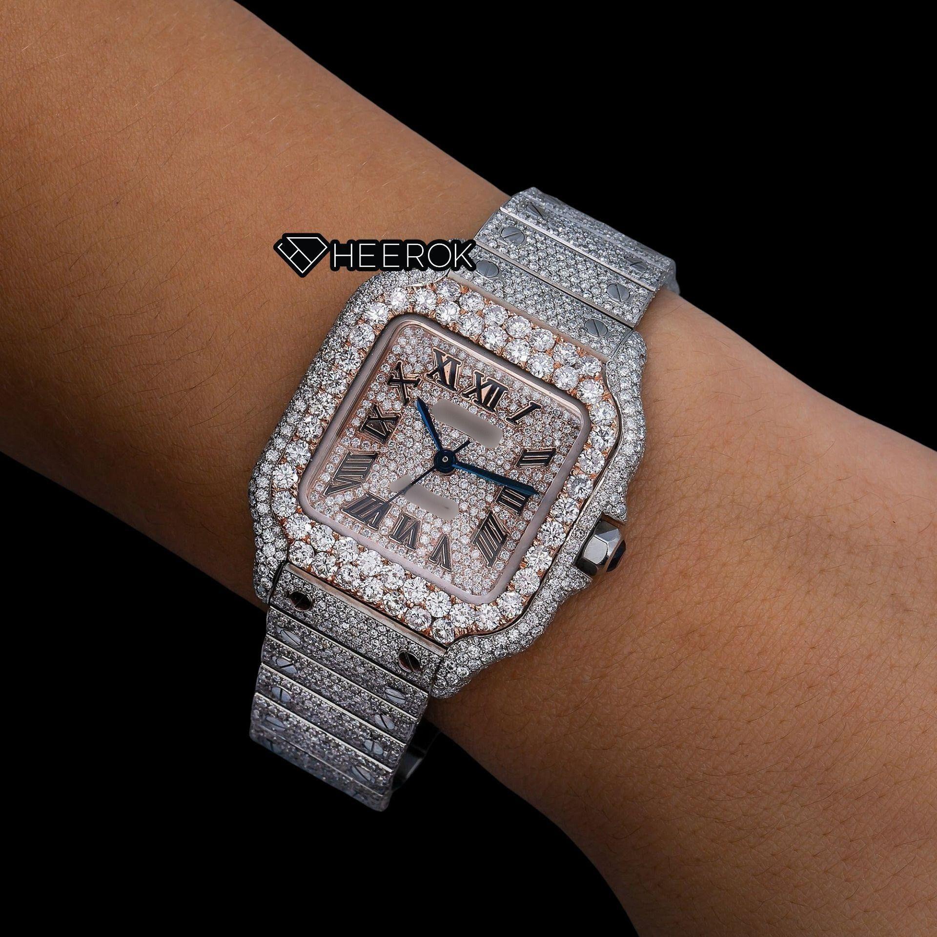 Cartier Santos Rose Gold Diamond Pave Dial Roman Numerals Large Round Diamond Bezel Fully Iced Moissanite Diamond Watch For Women On Wrist View.