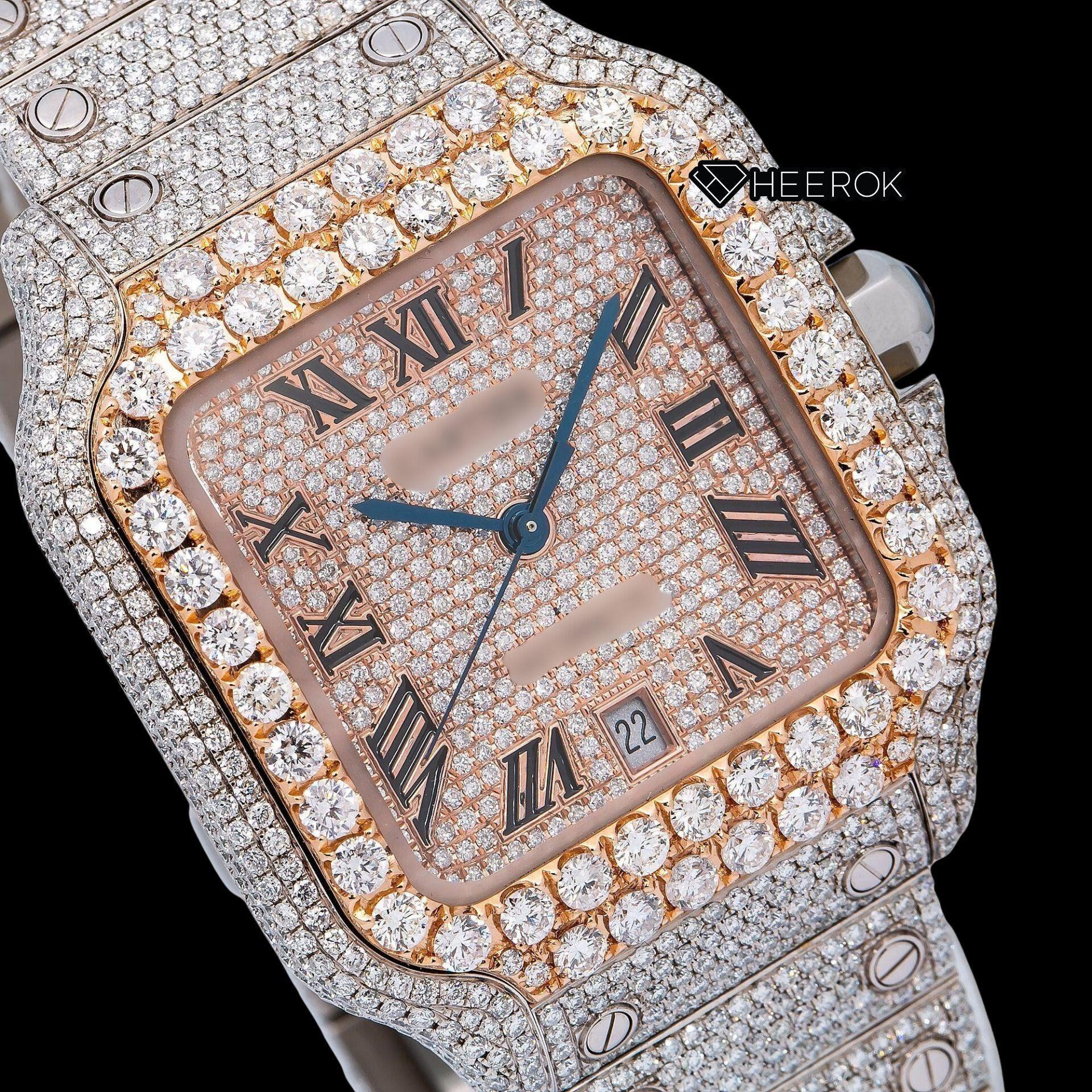 Cartier Santos Rose Gold Full Pave Dial Roman Numerals Diamond Bezel Fully Iced Moissanite Diamond Watch Close Up Dial View.