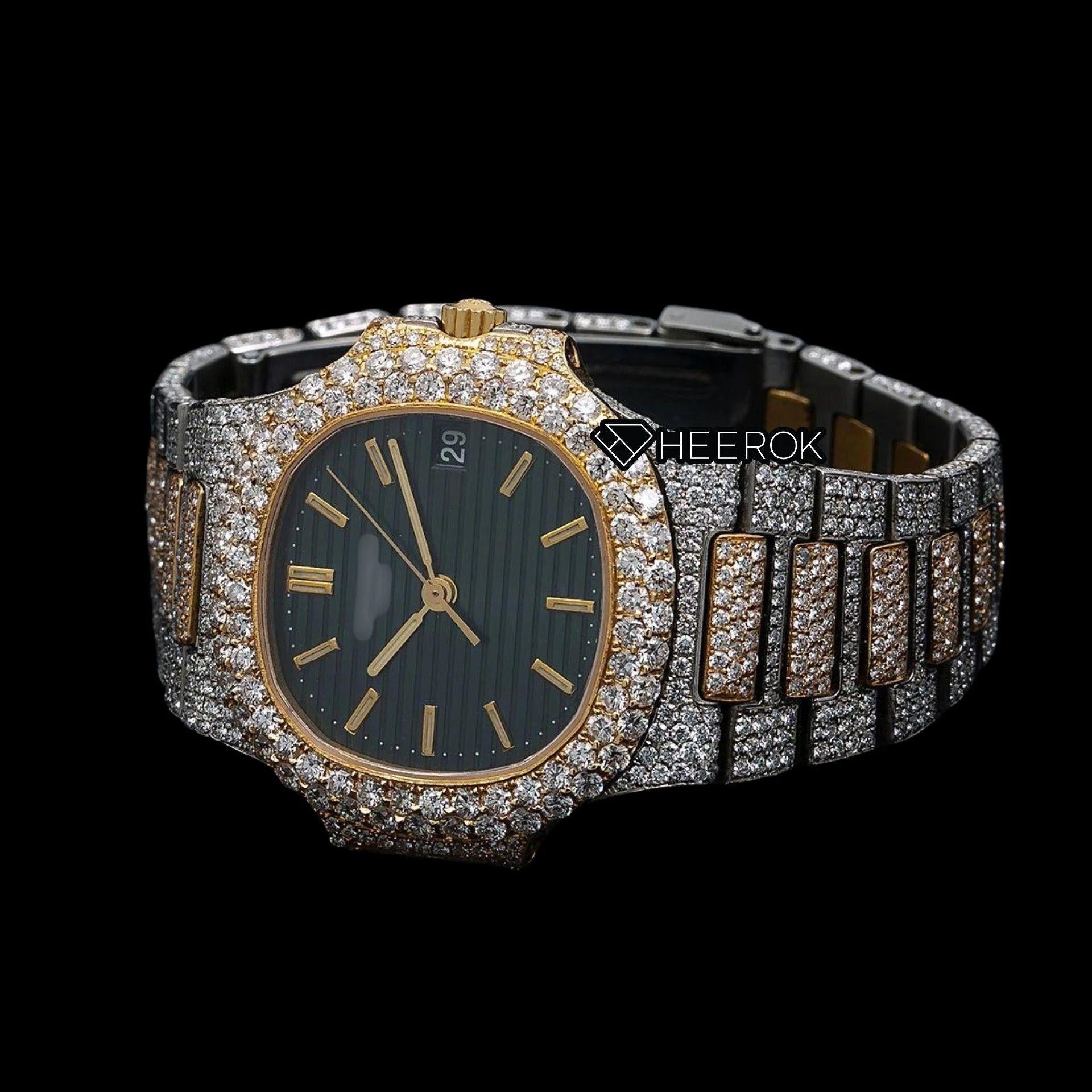 Patek Philippe Nautilus Black Dial Stick Markers Diamond Bezel Two Tone Yellow Gold Moissanite Diamond Front Side View.