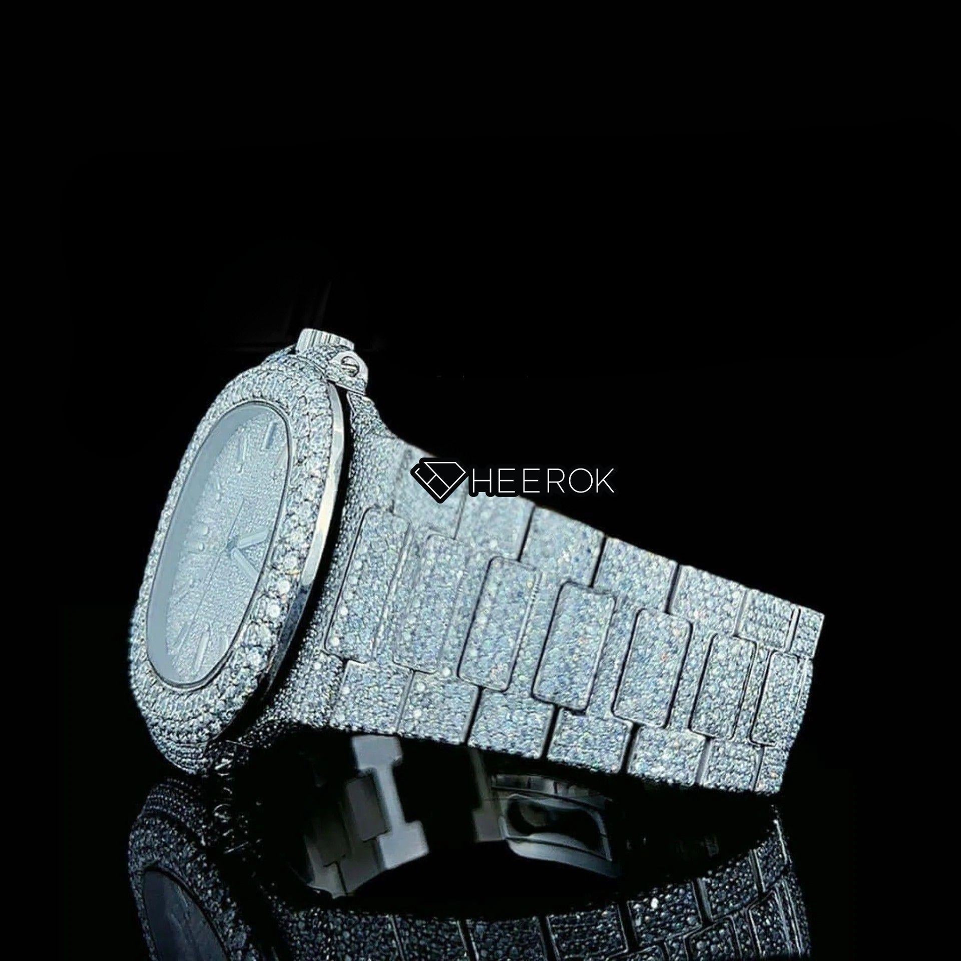Patek Philippe Nautilus Full Pave Dial Baguette Diamond Hour Markers Diamond Bezel Fully Iced Moissanite Diamond Left Profile View