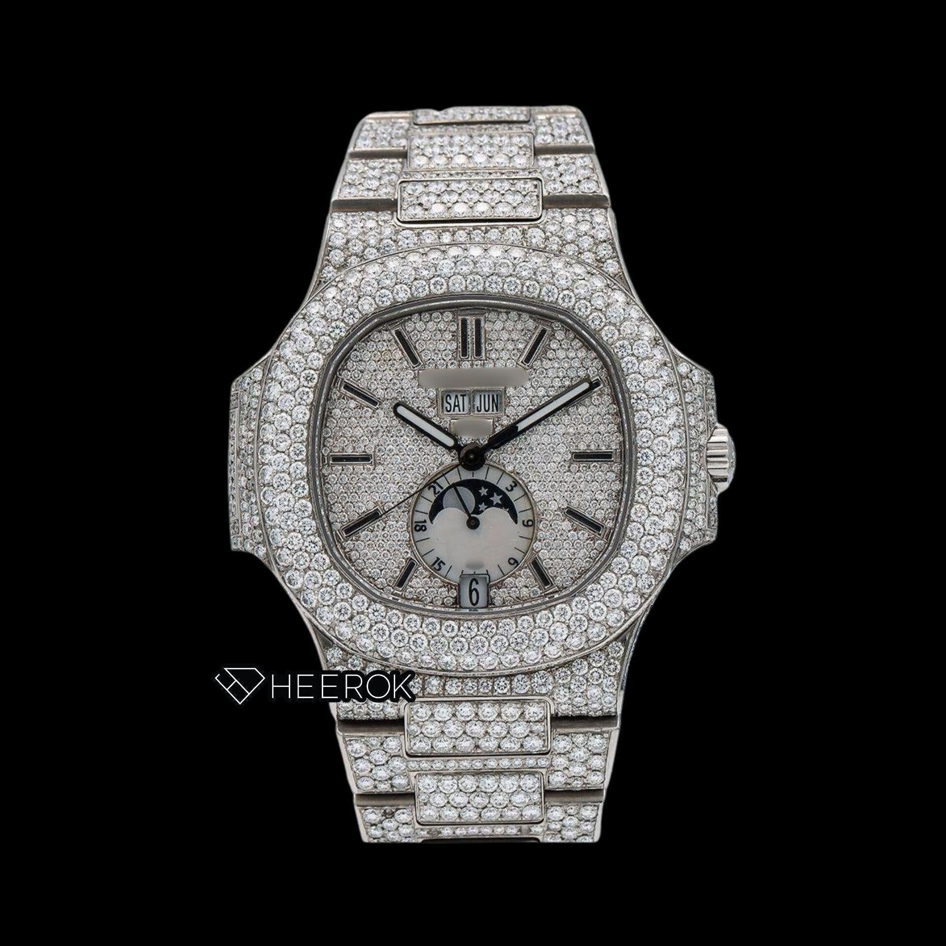 Patek Philippe Nautilus Full Pave Dial Black Stick Markers Diamond Bezel Fully Iced Moissanite Diamond Front View.