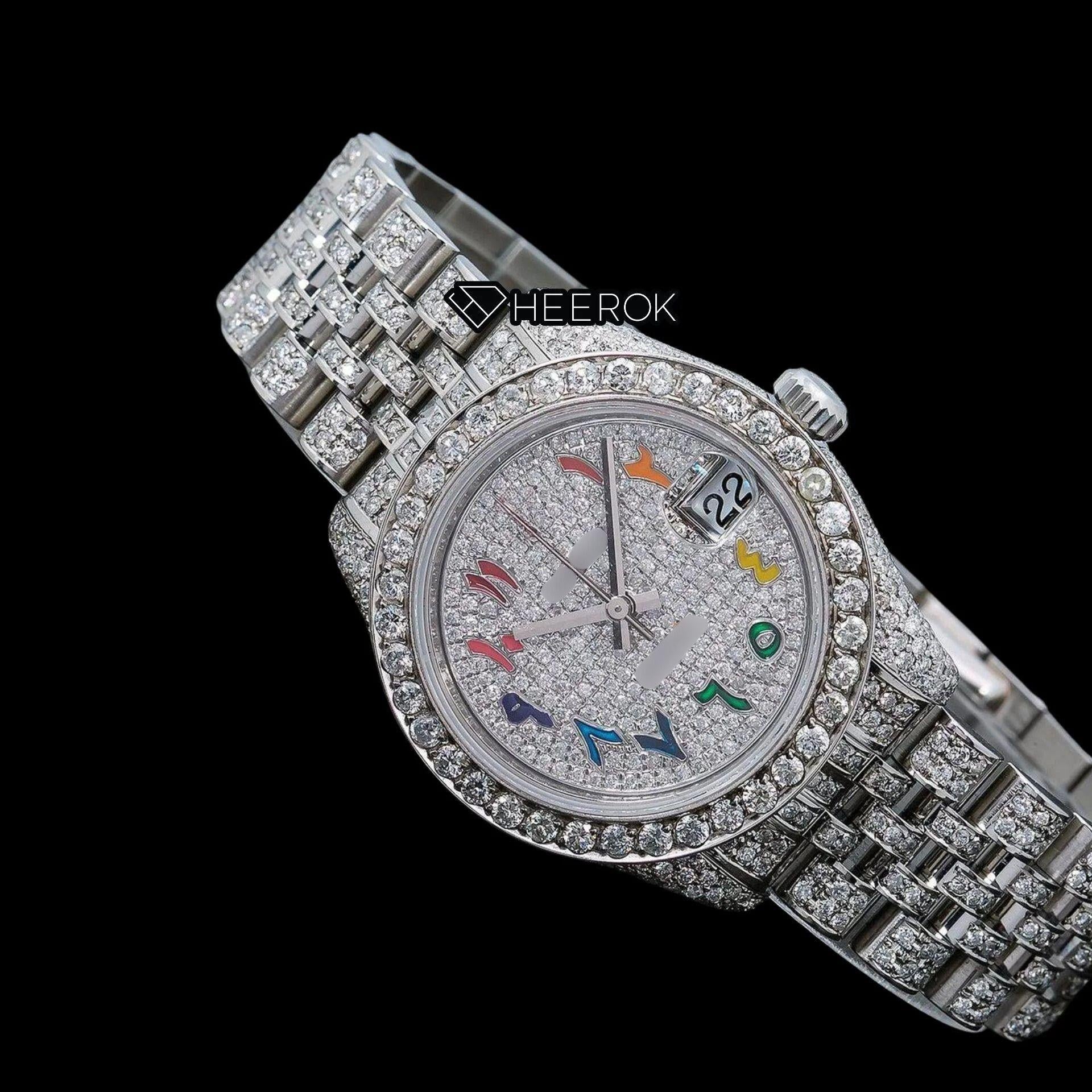 Rolex Datejust Diamond Paved Dial Multicolor Arabic Numerals Diamond Bezel Moissanite Diamond Jubilee Bracelet For Women Front Full View