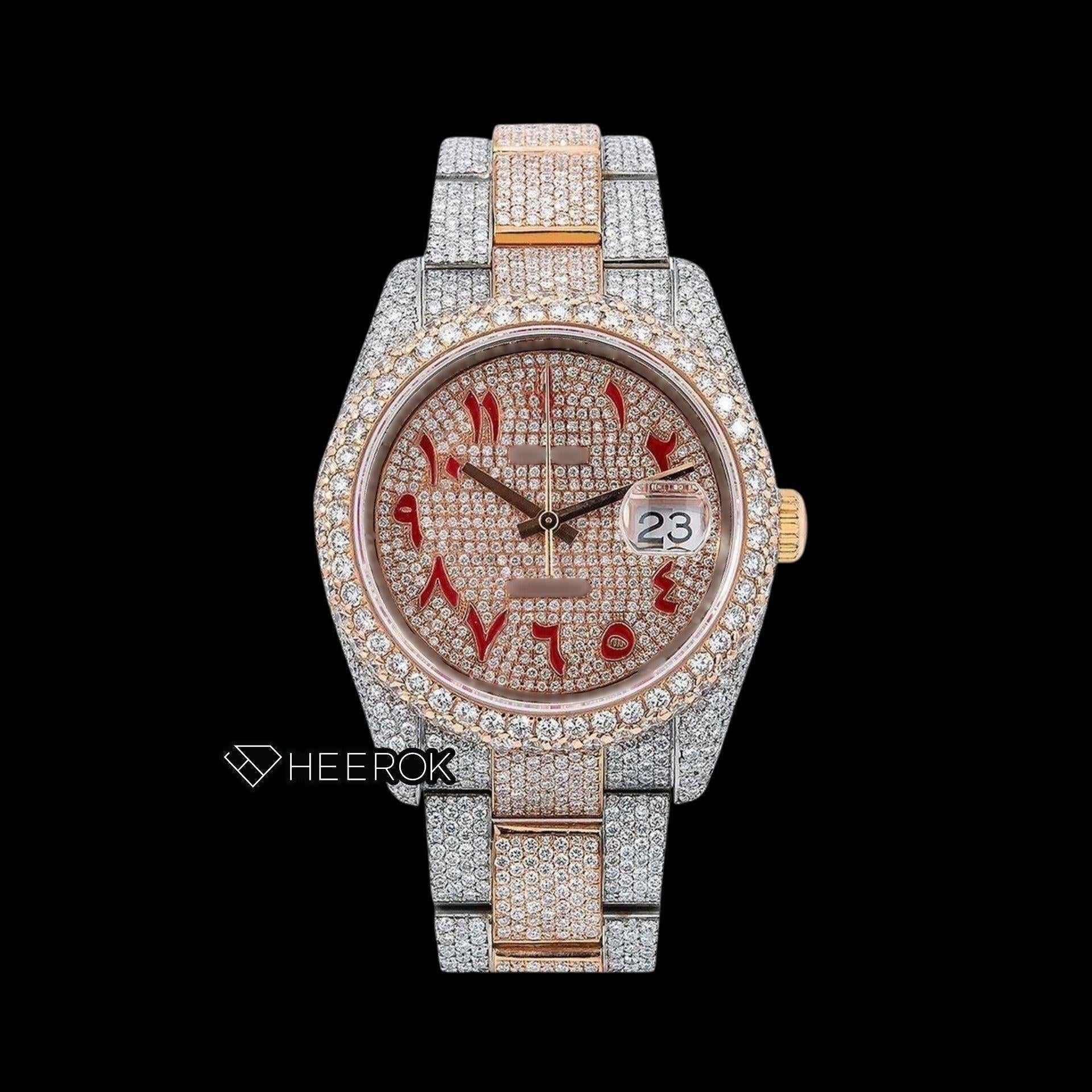 Rolex Datejust Full Diamond Paved Dial Red Arabic Numerals Diamond Bezel Two Tone Rose Gold Fully Iced Moissanite Diamond Oyster Bracelet For Women Front View