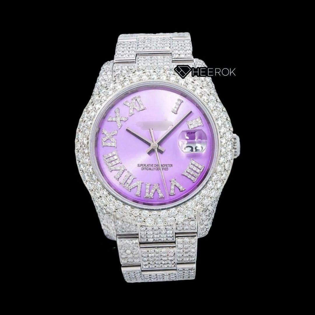 Rolex Datejust Purple Dial Roman Diamond Markers Diamond Bezel Fully Iced Moissanite Diamond Oyster Bracelet Front View.