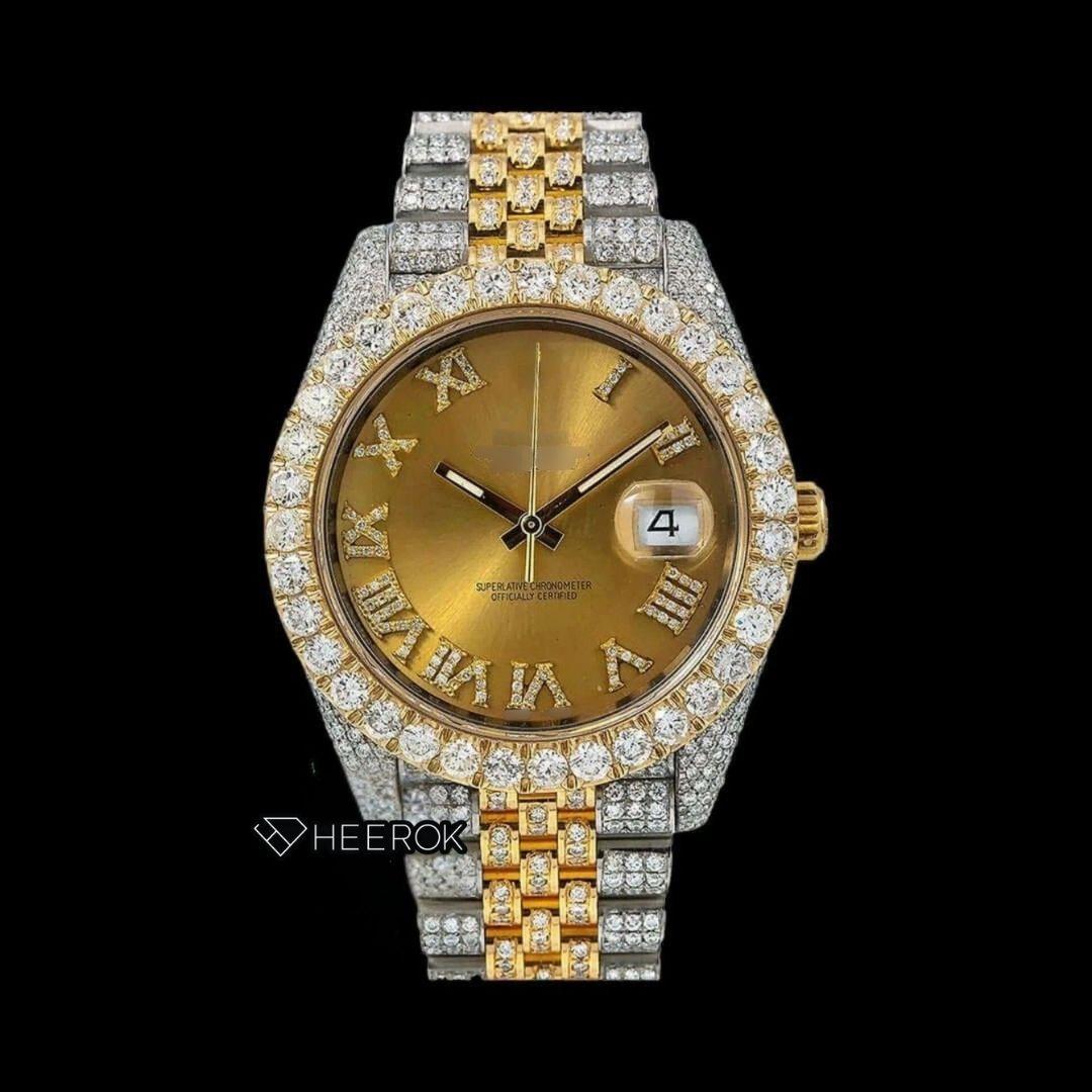 Rolex Datejust Yellow Dial Roman Diamond Markers Diamond Bezel Two Tone Yellow Gold Moissanite Diamond Jubilee Bracelet For Women Front View.
