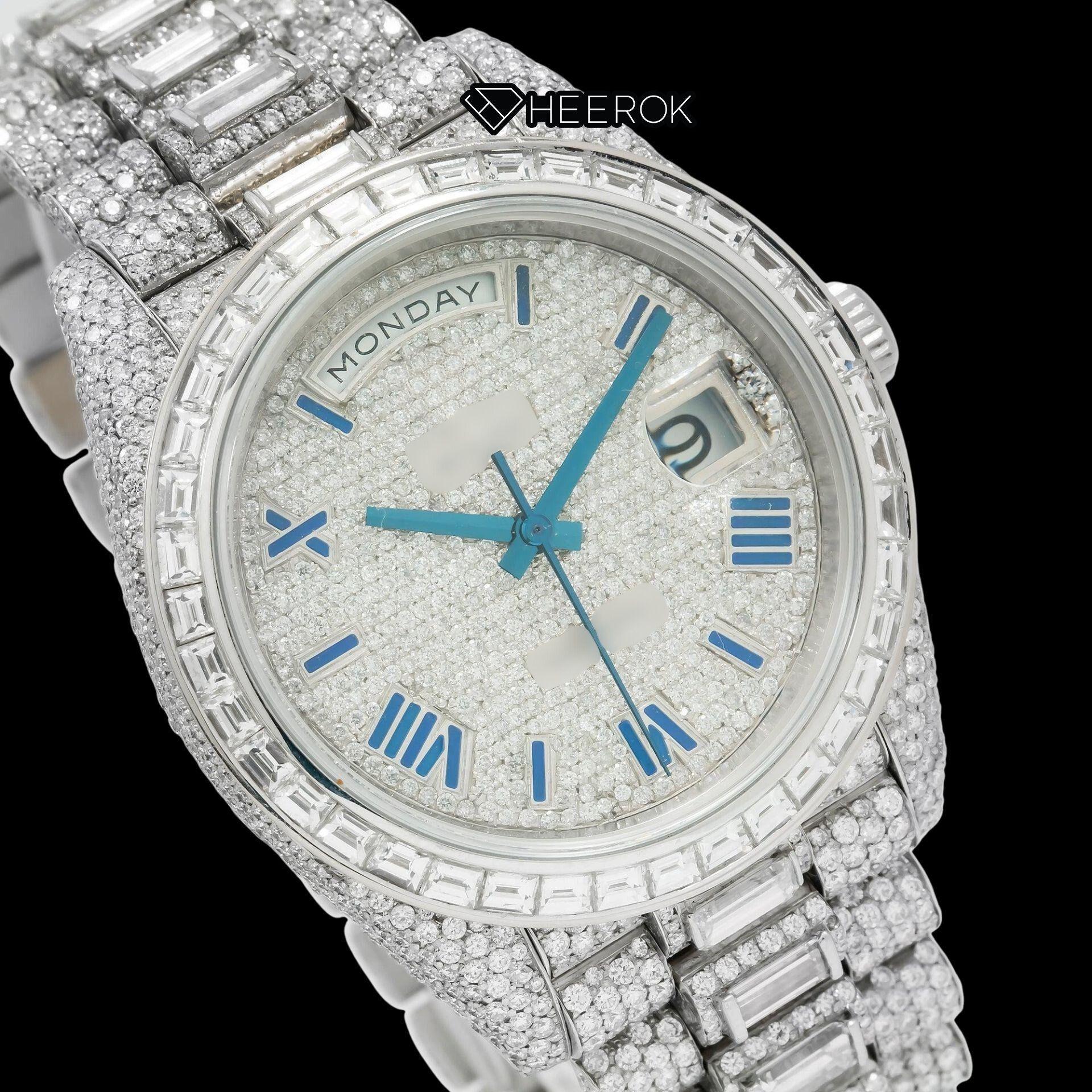 Rolex Day-Date Full Paved Dial Blue Roman Numerals Baguette Diamond Bezel Fully Iced Moissanite Diamond President Bracelet Watch Front Close View