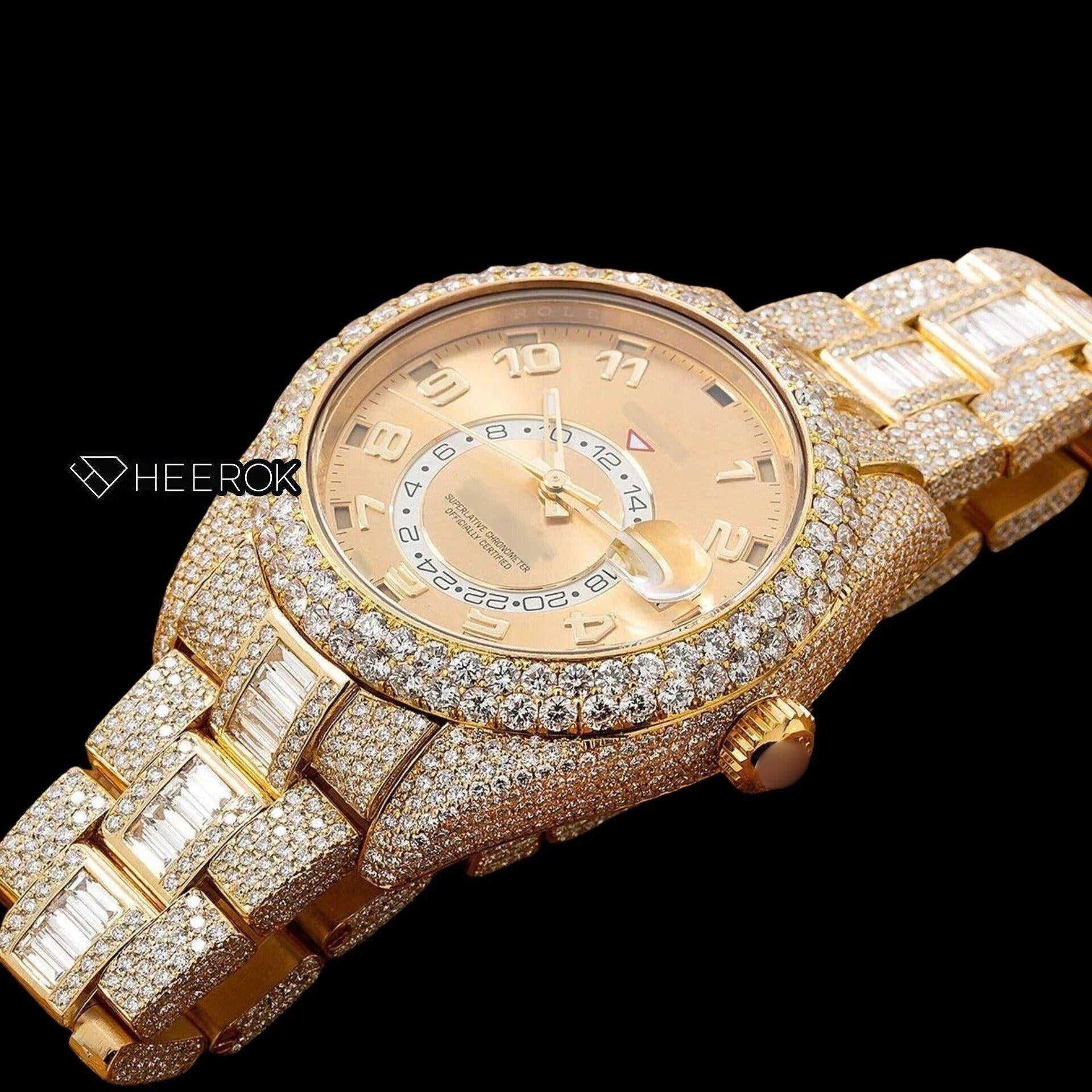 Rolex Sky-Dweller Yellow Dial Standard Numerals Diamond Bezel Yellow Gold Fully Iced Baguette Moissanite Diamond Oyster Bracelet Watch Front Side View
