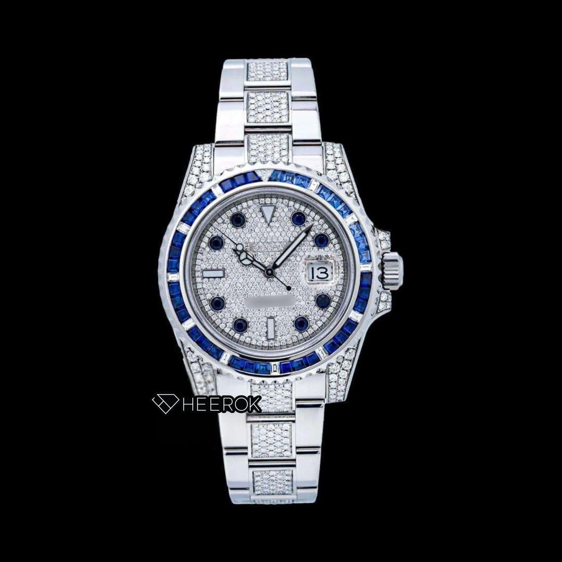 Rolex Submariner Full Pave Dial Blue Sapphire Bezel Diamond Markers Moissanite Diamond Oyster Bracelet Front View.