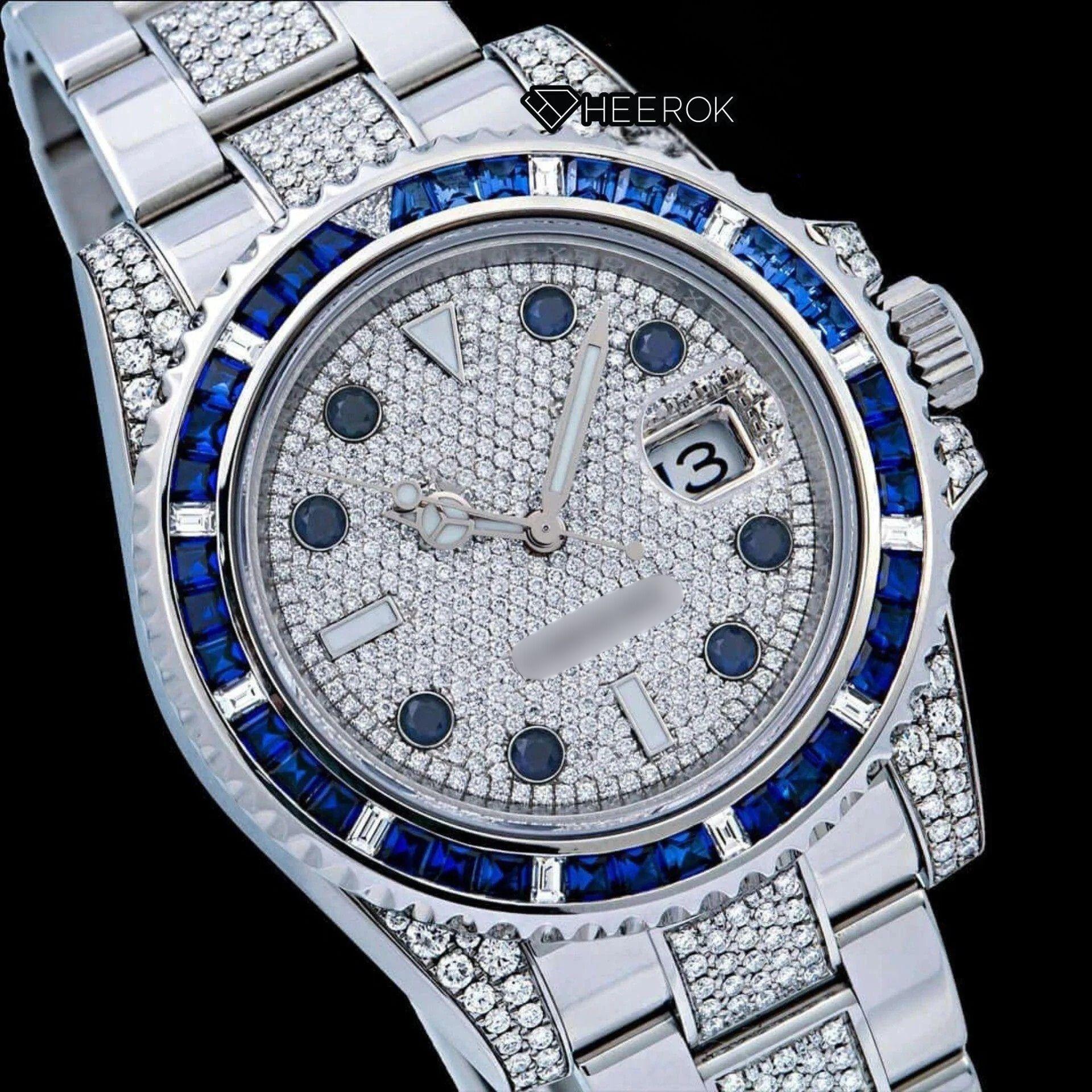 Rolex Submariner Full Pave Dial Blue Sapphire Bezel Diamond Markers Moissanite Diamond Oyster Bracelet Close Up Dial View.