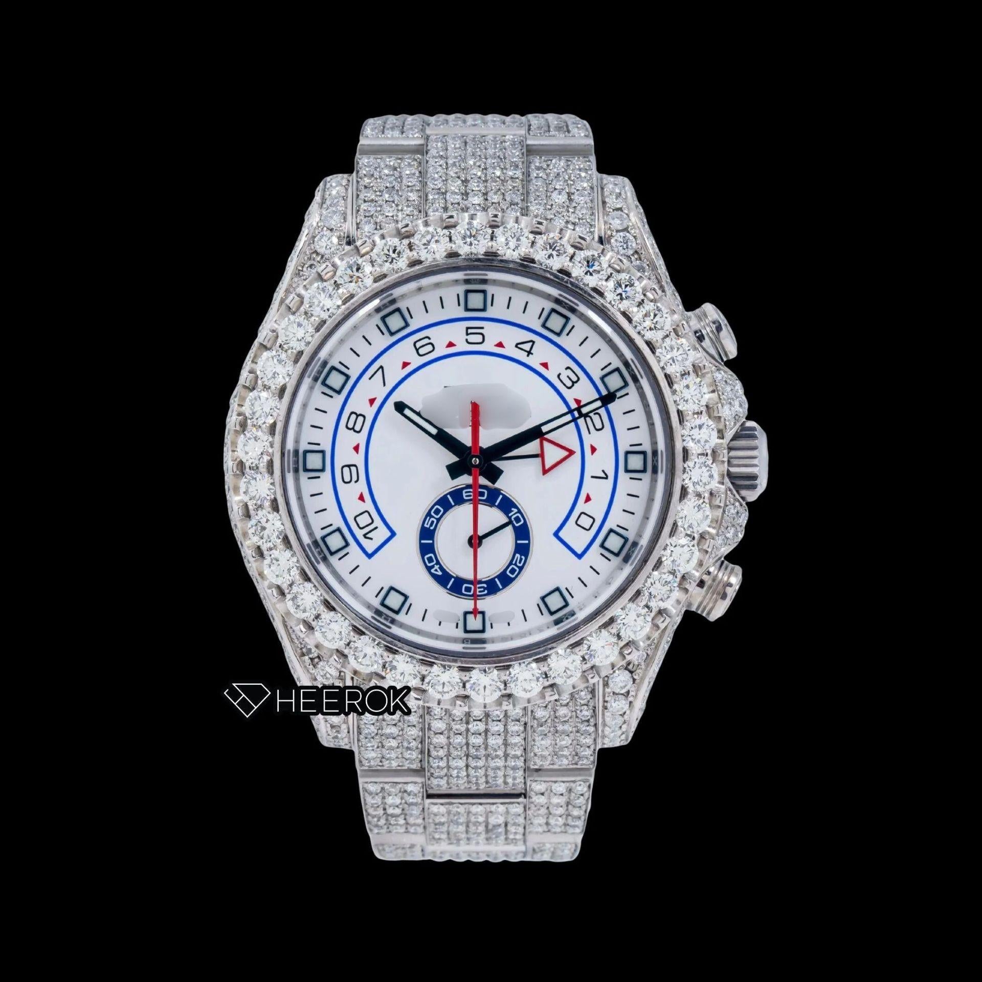 Rolex Yacht-Master White Dial Square Shape Markers Diamond Bezel  Fully Iced Moissanite Diamond Oyster Bracelet Watch Front View